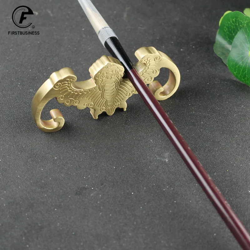 Classic Chinese Writing Brush Holder Stand With Decorative Bat(FU) Brass Copper Home School Home Office Writing Stationery Tools