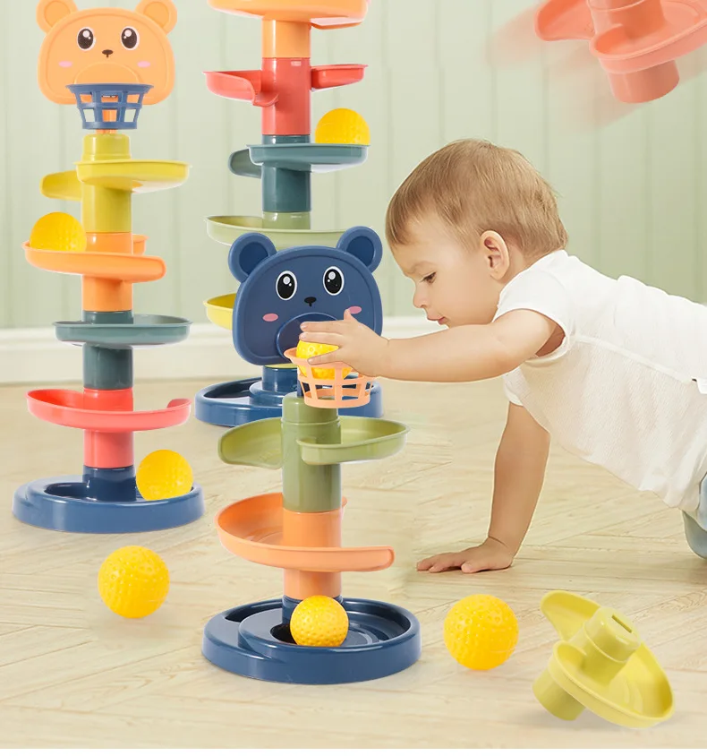 

Montessori Stacking Block Track Ball Toy Interactive Sliding Toss Game Toy W/ Basket Hoop Easy Assembly Baby Sensory Toy