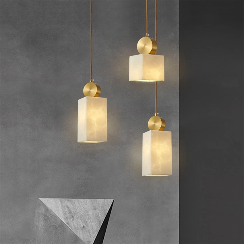 

Nordic square white cloud stone pendant lights bedroom dining room modern bedside luxury Chinese hanging gold lamps fixtures