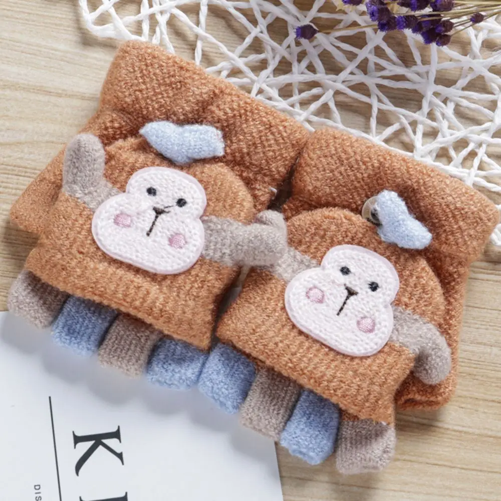 

Cold protection Cartoon Design Girls Kids Fingerless Gloves Winter Warm Mittens Knitted Gloves Clamshell Half Finger Gloves