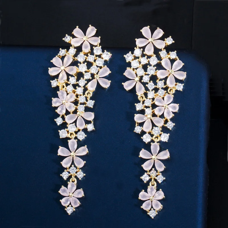 CWWZircons Lange Blumen-Ohrringe mit mehrfarbigem blauem Zirkonia für Damen, modischer Statement-Schmuck für Hochzeit und Party, Großhandel E0382 – Detail 5