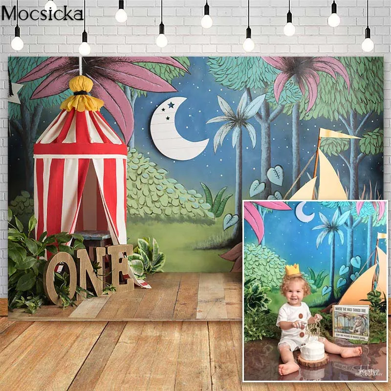 Mocsicka-fondos de fotografía de 1er cumpleaños, pastel de acampada salvaje, decoración de barco y Luna, accesorios para fotografía de niños, fondo de cabina de estudio