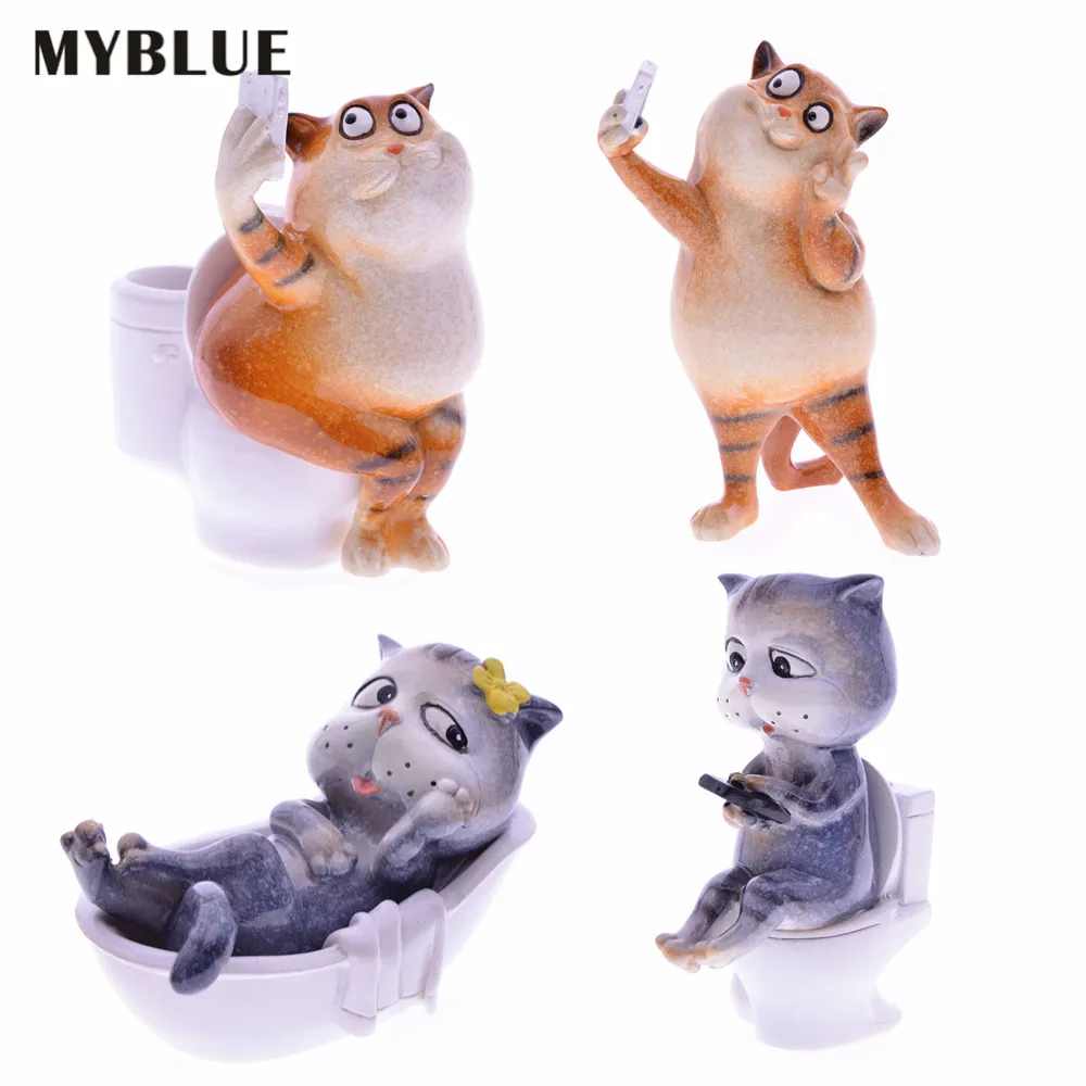 

MYBLUE Kawaii Artificial Animal Resin Cat In WC take shower selfie Figurines Nordic Home Room Decorations Accessories Modern