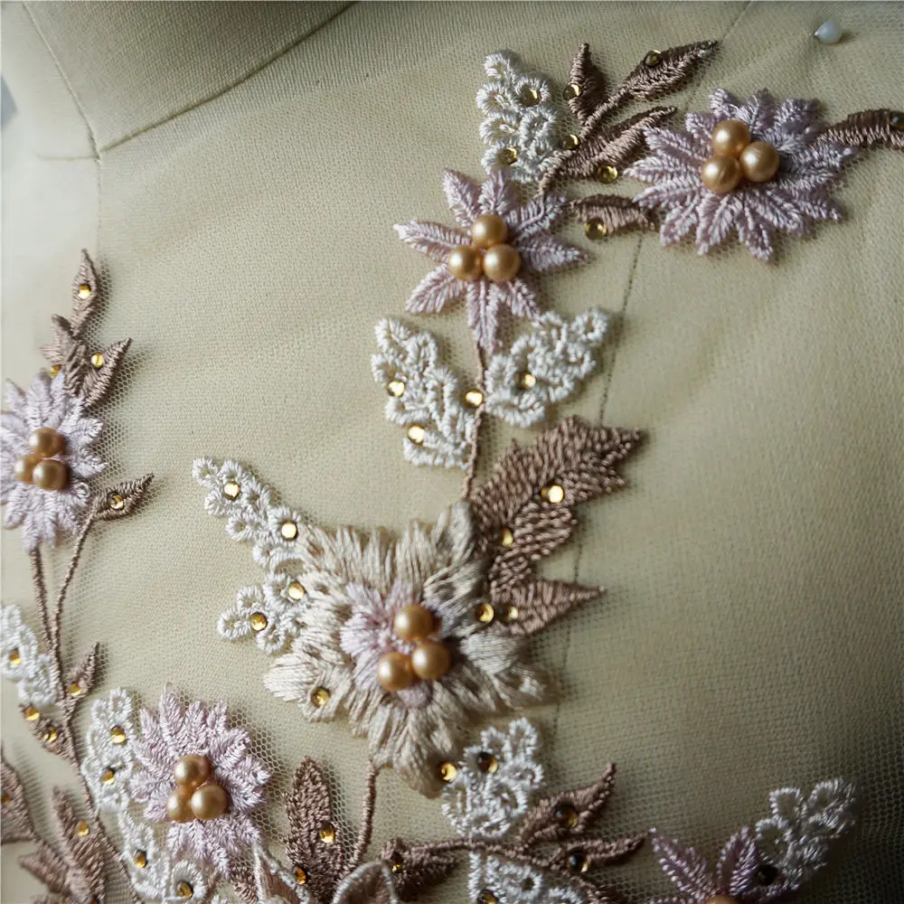 Brown Lace Fabric 3D Flowers Appliques Beads Rhinestones Leaves Embroidery Mesh Sew On Patch For Wedding Decoration Dress DIY