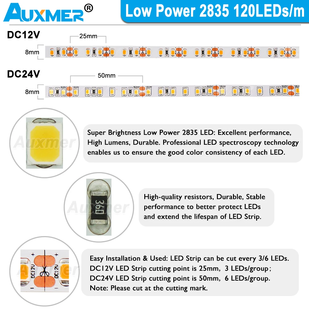 Low Power 2835 LED Strip Lights 120LEDs 9.6W/m,CRI90/95+ IP20 DC12/24V White LED Light Strip Dimmable for Room Decor,UnderCabint