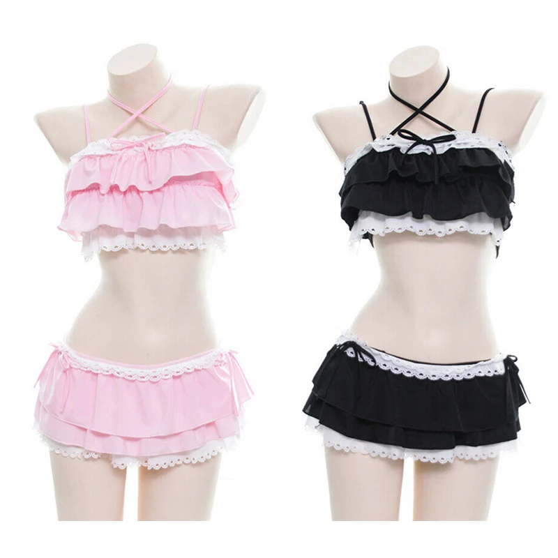 Cute Girls Lolita Ruffle Bikini Sukumizu Cosplay Pink And Black Color Swimsuit Hollowed Multilayer Hem Biquini Women Swimwear 