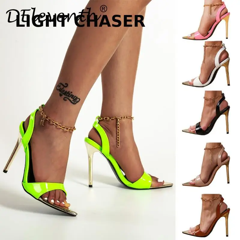 Summer Women's Sexy High Heeled Stiletto High Heels Fashion Metal Chain Stiletto Point Toe Open Toe Women's Sandals Plus Size 42