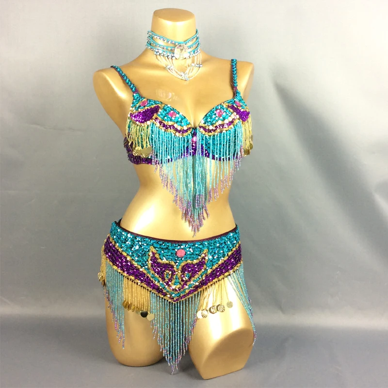 Hot Selling Belly Dance Competition Costume New-Style Sexy Handmade Beaded Tassel Sequins Bra Belt 2 Piece Sets 5 COLOR DL6290