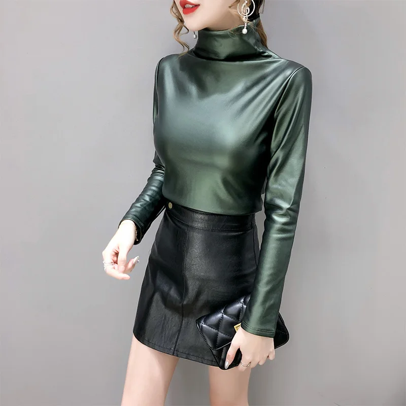 Winter Big Size Women Blouse Autumn Turtleneck Long Sleeve Pullover Shirt Tops Ladies Velvet Stretch Camisas PU Leather Blouses