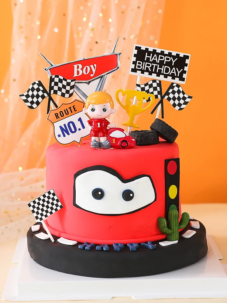 DIY Racing Boy Cake Topper For Child Happy Birthday Party Decoration Tools Doll Ornaments Soft Pottery Car Theme Decor Party Top