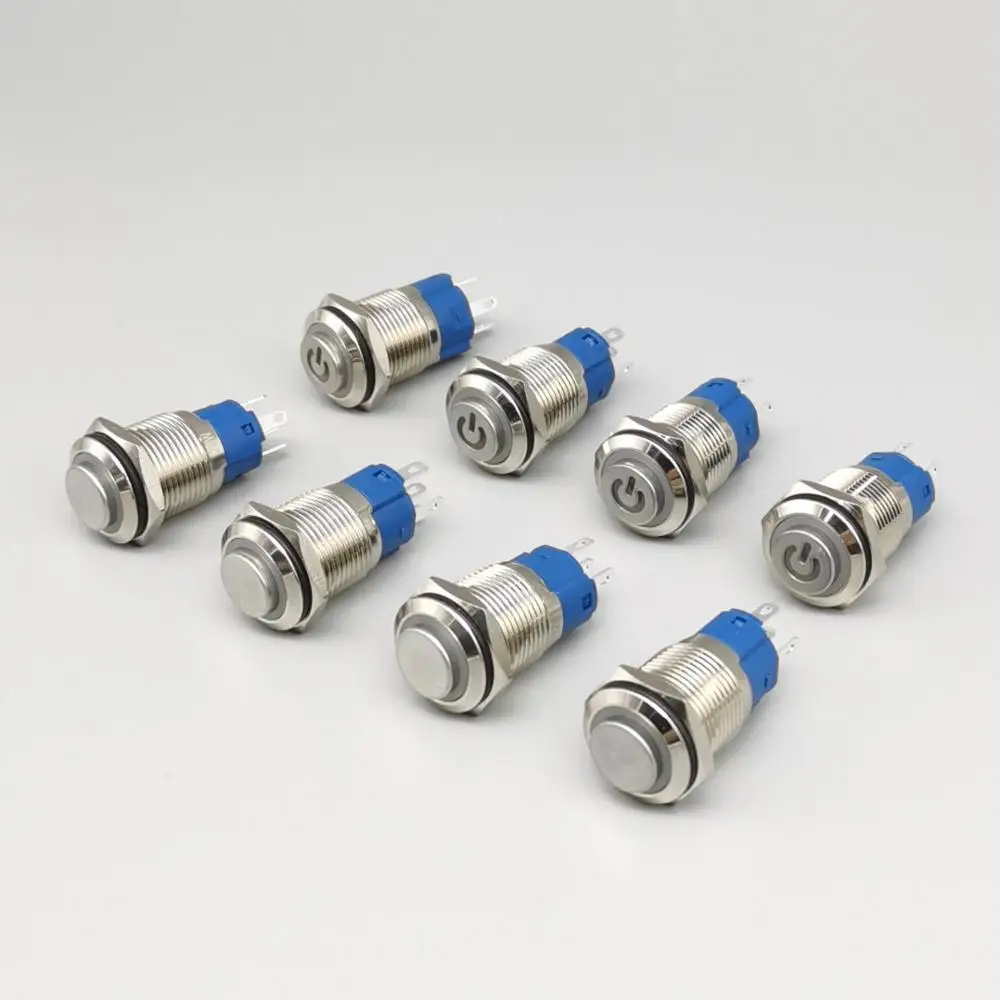 16mm Metal Push Button Switch High Head Ring Lamp Power Symbol Button Waterproof  LED Light Self-Lock Self-Reset Button 1NO1NC