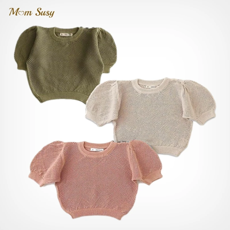 

Fashion Baby Girl Knitted Tshirt Short Sleeve 100% Cotton Summer Infant Toddler Child Hollow Sweater Top Baby Clothes 1-7Y