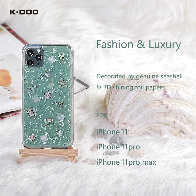 K-DOO Flash Antiskid Mobile Phone Cover, Bling Foil Papers, Antiskid Genuine Seashell Soft Case for iPhone 11, 11Pro, 11Promax