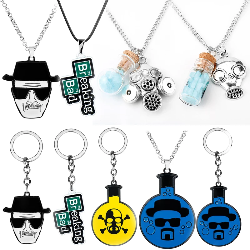 TV Breaking Bad Metal Keychain Inspired Crystal Sky Blue Vial Cork Bottle Necklace for Woman Men Keyring Jewelry Christmas Gift