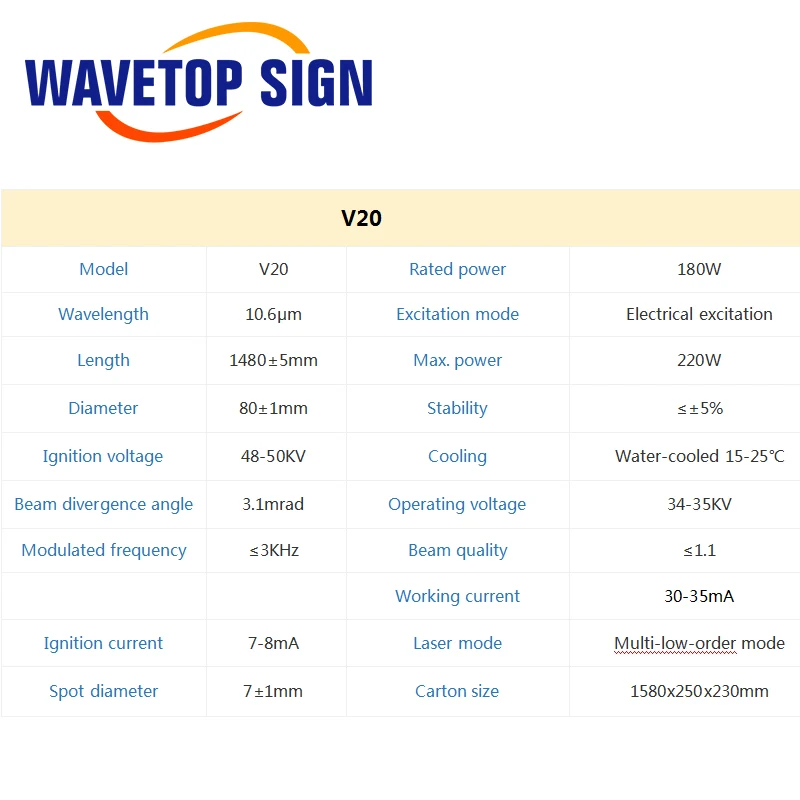 أنبوب ليزر WaveTopSign CO2 V20 180-220W Dia.80mm, لآلة القطع والنقش بالليزر CO2