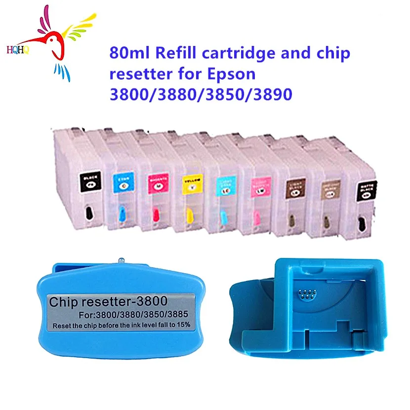 

9pcs 80ml Refillable Cartridge with Chip Sensor and 1Pc Resetter for Epson 3800/3880/3850/3890 Printer 3800 Printing System