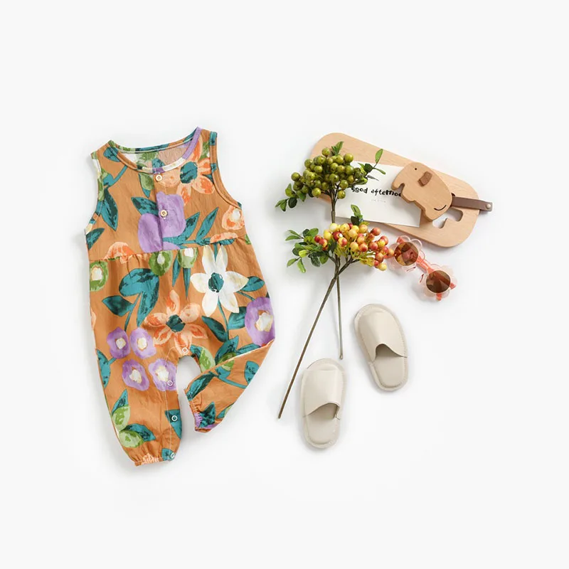 Zomer Meisjes Kleding Bloemen Katoenen Mouwloze Rompertjes