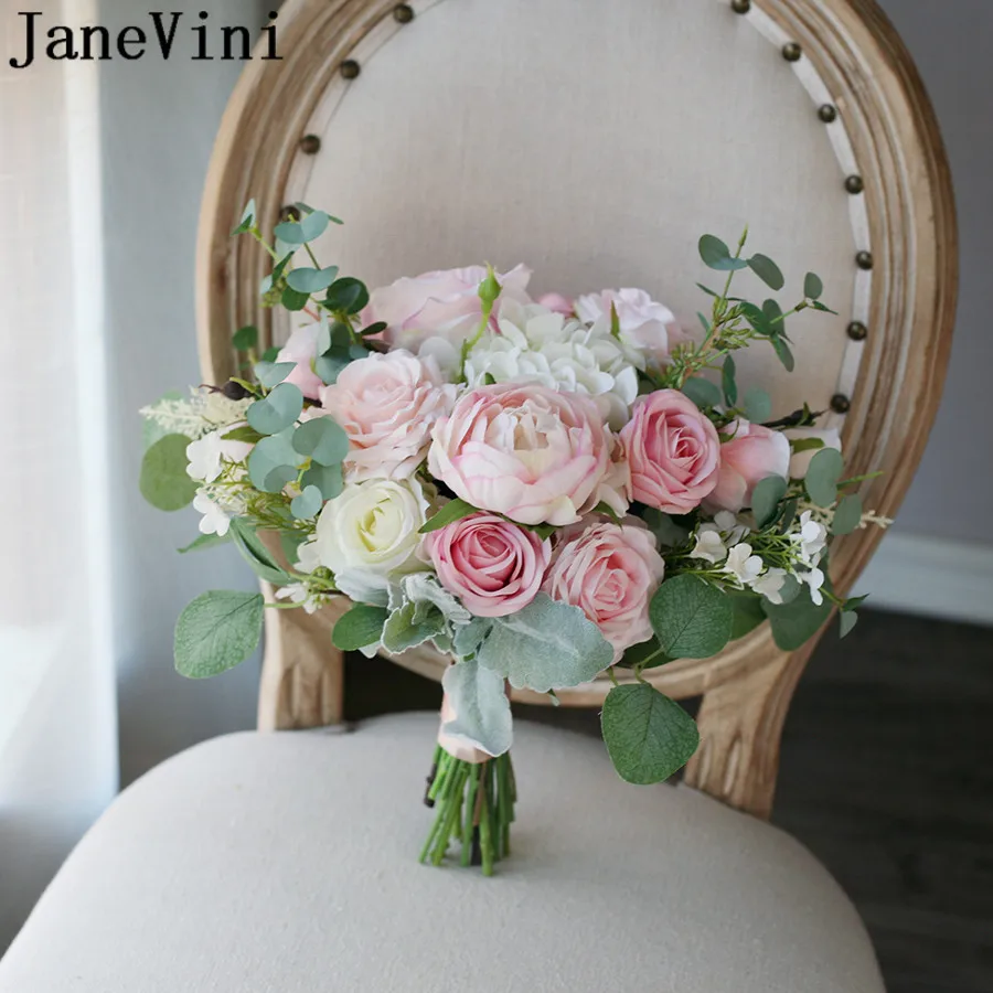 JaneVini 2021 Artificial Wedding Bouquet for Bride Pink Roses Silk Flowers kwiaty sztuczne Green Leaves Bridal Bouquets Brooch