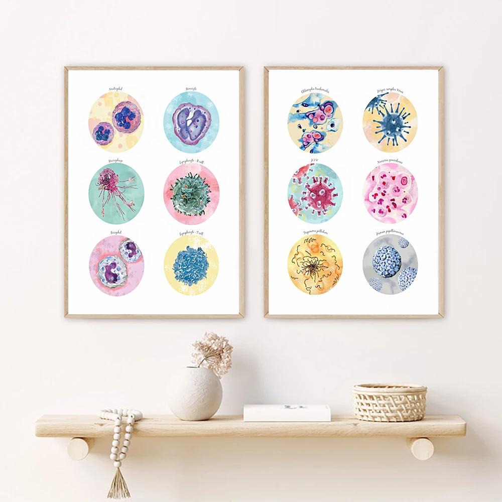 Wall Art Canvas Painting Picture Microbiology Bacteria Microbe Print Medicine Poster Science Defensive Cells Biology Study Decor