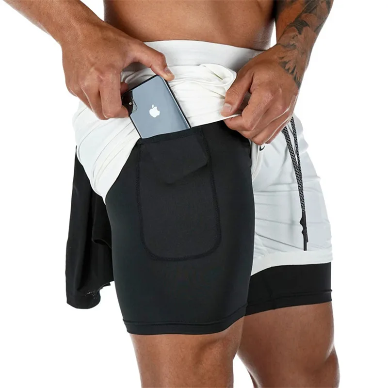 Pantalones cortos para correr para hombre, Shorts deportivos de secado rápido para gimnasio, trotar, doble cubierta, verano, 2021