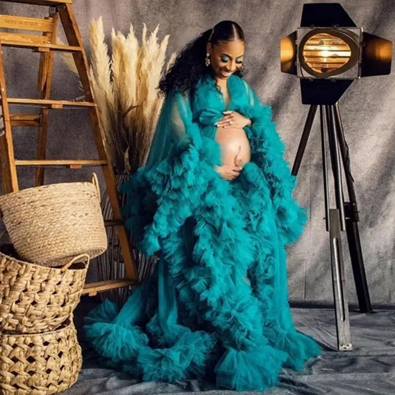 Vestidos de graduación de tela azulada para fotografía, Túnica de tul transparente para fotografía de maternidad, vestidos de fiesta largos con volantes