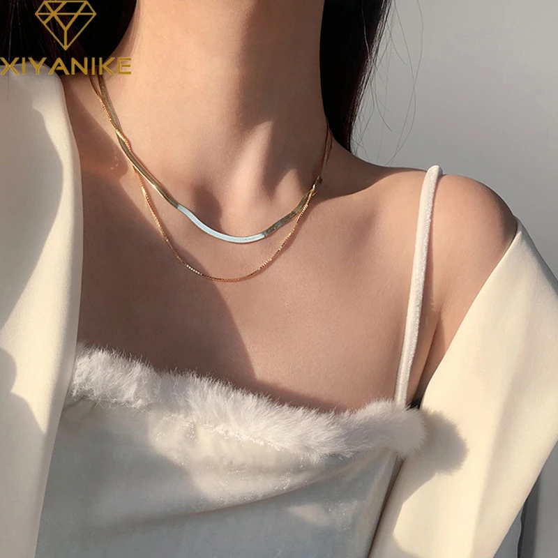 XIYANIKE Silver Color  Double Layer Snake Clavicle Chain Necklace Female Fashion Hip-hop Retro Gold Unique Design Short