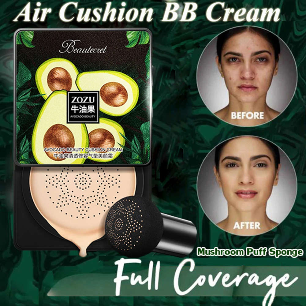 Women Waterproof Foundation Concealer Brightening With Mushroom Puff Sponge Face Makeup Air Cushion BB Cream Avocado