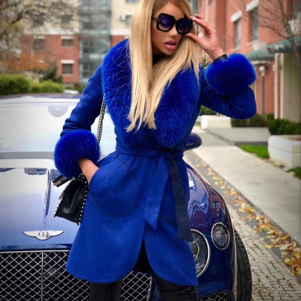 Women Natural Fur Coat with Belt Winter Fashion Long Cashmere Coats with Real Fox Fur Collar Thick Warm Fur Overcoats Luxury