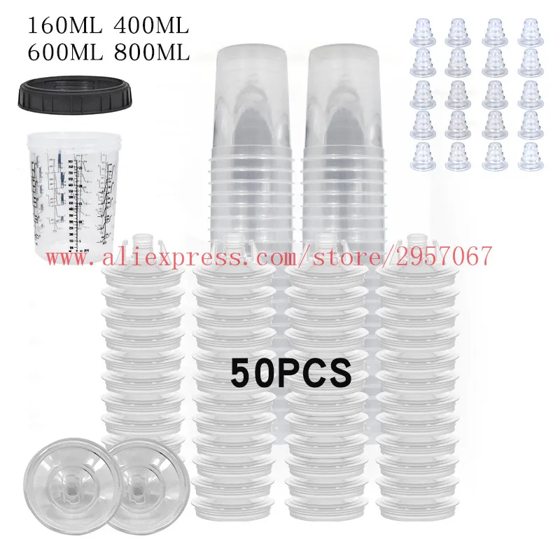 50pcs Spray Gun Paint System  Disposable measuring cups Lids and Liners No Cleaning Paint Mixing Cup with 125 Micron Filters