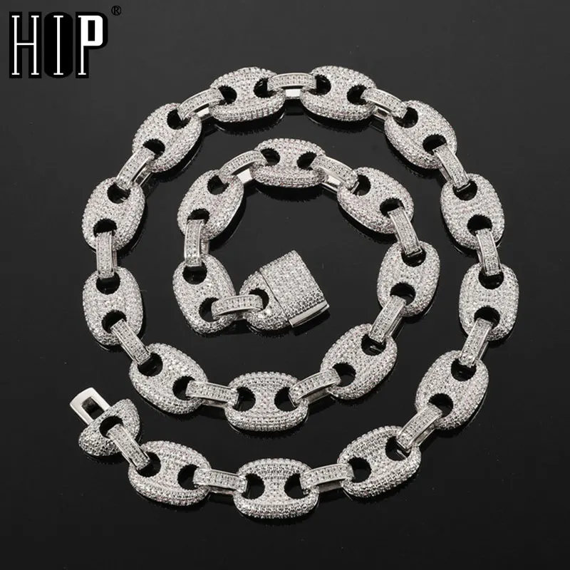 Hip Hop 12MM Coffee Beans Chain Iced Out Bling CZ Copper Cuban Link Chain Necklace For Men Women Charms Jewelry