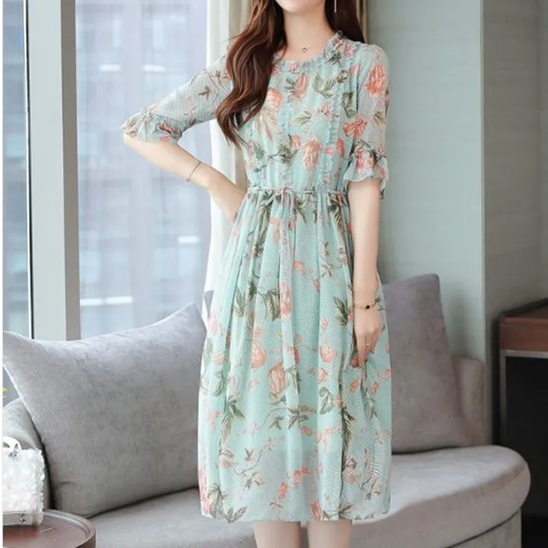 Short Sleeve Print Large Size Women's Dress 2023 New Summer O Neck Very Fairy Cover Belly Was thin over knee Dress