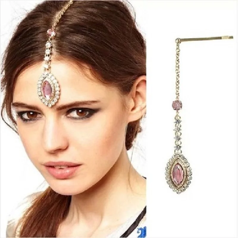 Boho Ethnic Indian Women Hair Jewelry Rhinestone Forehead Hair Pins Pendant with Hairpin Decorations Headpiece Hair Accessories