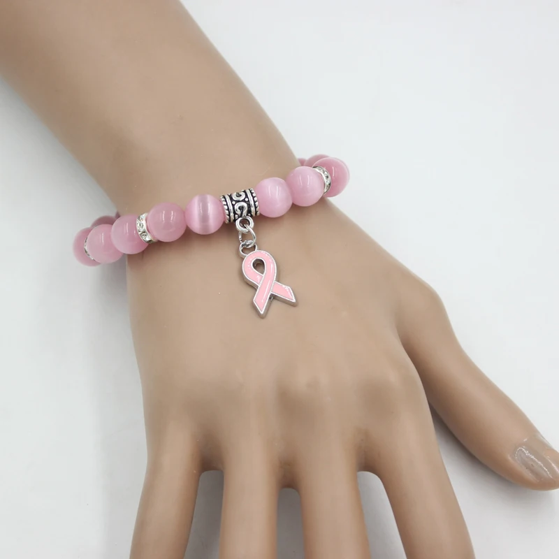 New Arrival Breast Cancer Awareness Jewelry White Pink Opal Beaded Bracelet Breast Cancer Pink Ribbon Charm Bracelets&Bangles