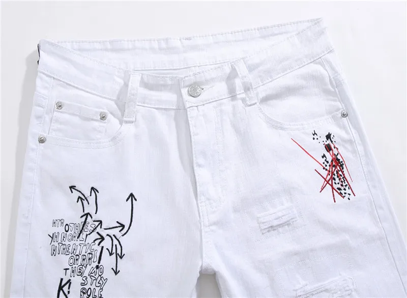 New Men Streetwear personality Ripped printed white skinny Jeans Hip Hop Punk Casual motorcycle stretch denim jeans trousers