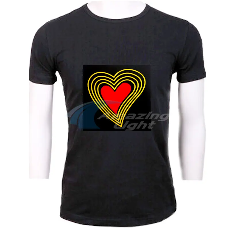 Men\'s T-shirt 100% Cotton Love Heart Shape Logo Light Up LED  T shirt Sound Activated Flashing El Panel T-shirt