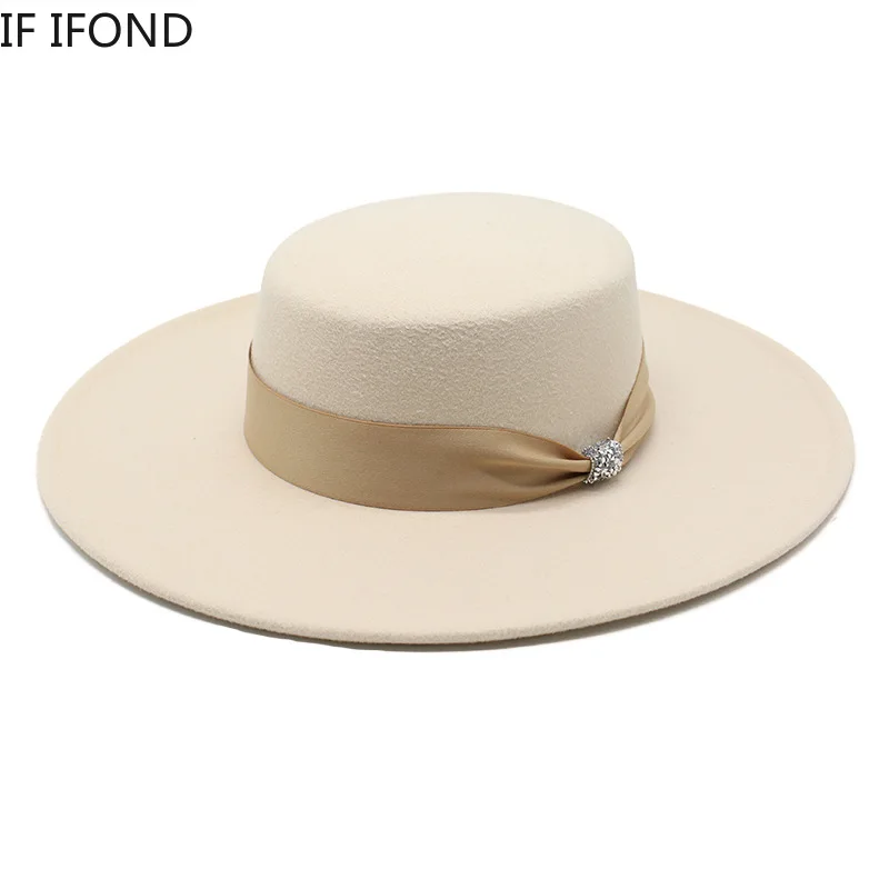 French Ladies White Bownot Satin Felted Fedoras Hat Women Banquet Elegant Formal Party Dress Cap 10CM Wide Brim Church Hat