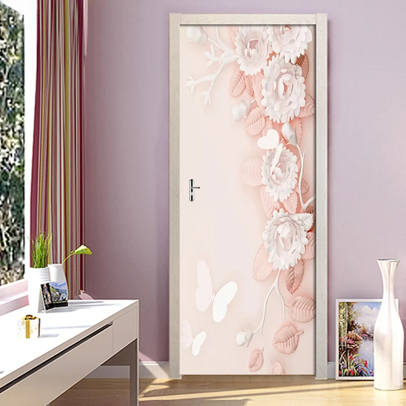 Nordic Pink Embossed Flowers Door Stickers Mural PVC Self-adhesive Wallpaper Poster Living Room Bedroom Door Decor Decals Mural