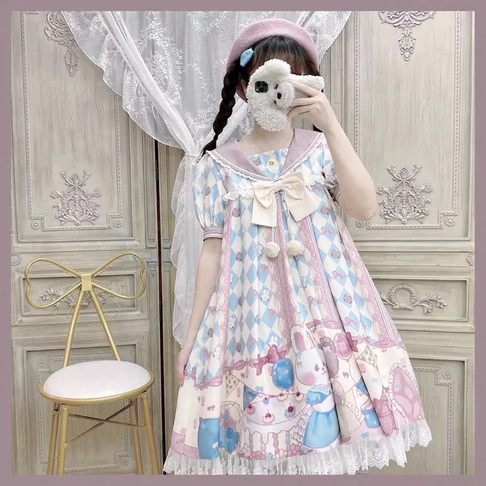 Lolita Soft Girl Dress Kawaii Summer Bow OP Dresses Bunny Print Summer Casual Sweet Princess Femme Cute Harajuku Dress