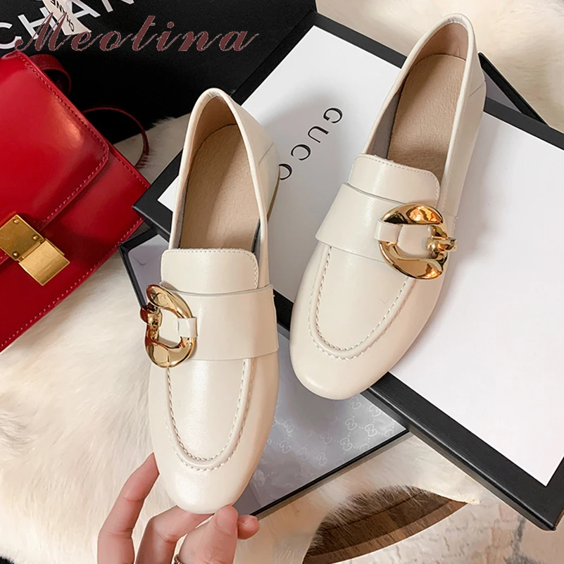 

Meotina Women Loafers Shoes Genuine Leather Flat Shoes Round Toe Metal Decoration Ladies Footwear 2022 Spring Autumn Wine Red 40