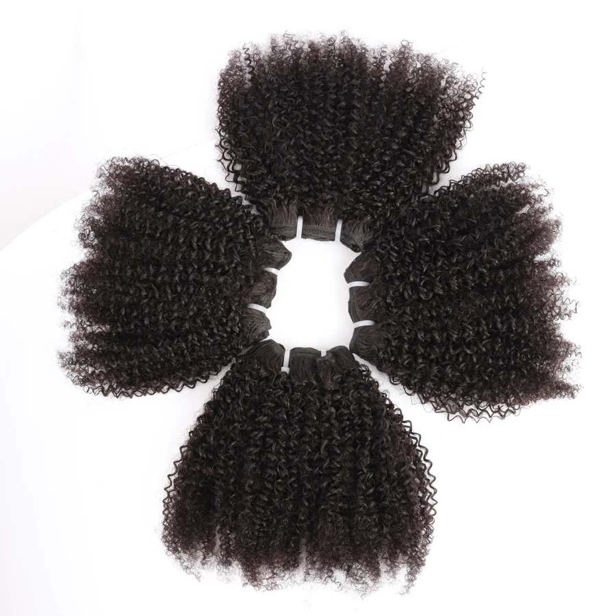 Afro Kinky Curly Human Hair Bundles 50g/Pc Peruvian Remy Hair 3/4 Bundles With 4x4 Lace Closure Short Curly Hair Extensions