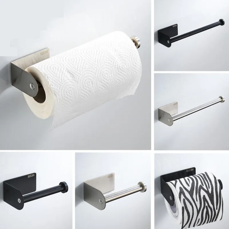 Bathroom Roll Paper Attachment Rack Towel Bar Wall-mounted Toilet Paper Holder Stainless Steel Black Kitchen Paper Towel Holder