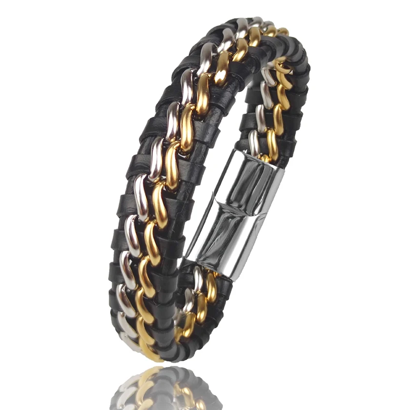 Echtes Leder-Kettenarmband für Herren, magnetischer Edelstahlverschluss in vergoldetem Gold, exklusiver Schmuck, Geschenk, Großhandel