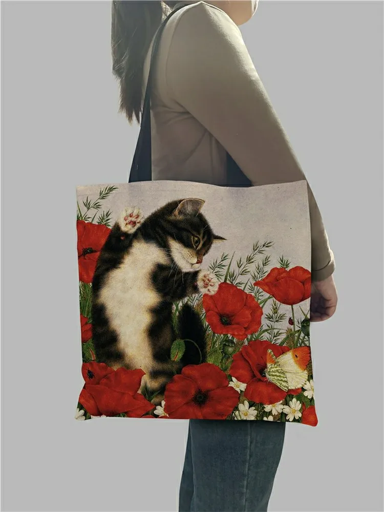 B13025 Cute Cat Flower Painting Print Womens Designer Tote Bags Women Handbag Large Shopping Bag Foldable For Groceries