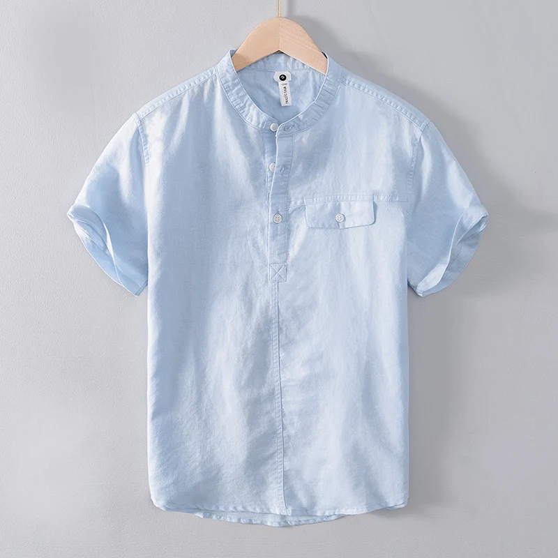 New design short-sleeved cotton linen stand collar sky blue shirts men casual comfortable shirt for men chemise camisa tops mens