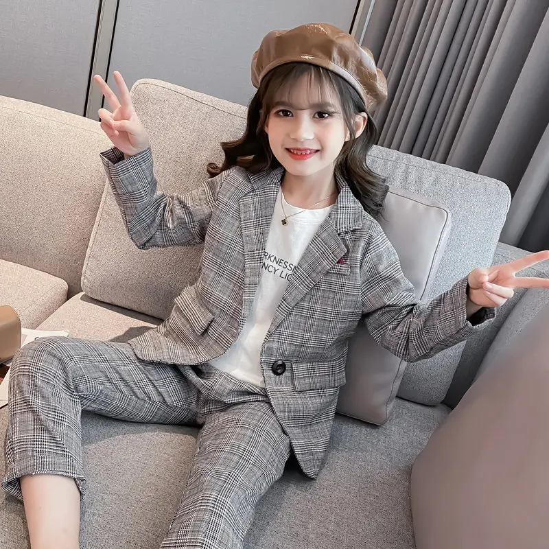 Fashion Wedding Kids Suit Sets for Girls Plaid Formal Suit Jackets+Pants School Blazer Set Girls Clothes Children Clothes 8 10Y