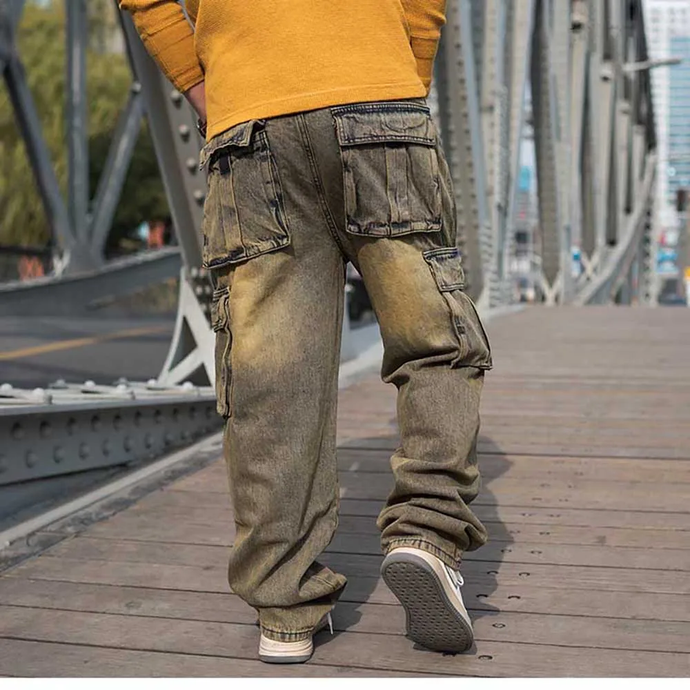 Fashion Cargo Pants Men\'s Casual Jeans Hiphop Harem Trousers Straigth Loose Baggy Streetwear Distressed Denim Clothing Plus Size