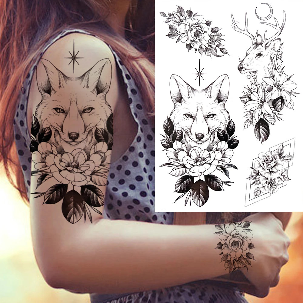 Tribal Wolf Deer Flower tymczasowy tatuaż dla kobiet mężczyzn dorosłych fałszywy kot tygrys tatuaż naklejki czarny zwierząt Tatto Totem Armband