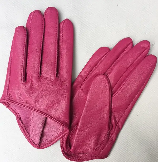 Women\'s natural sheepskin leather solid pink color half palm gloves female genuine leather fashion short driving glove R1171