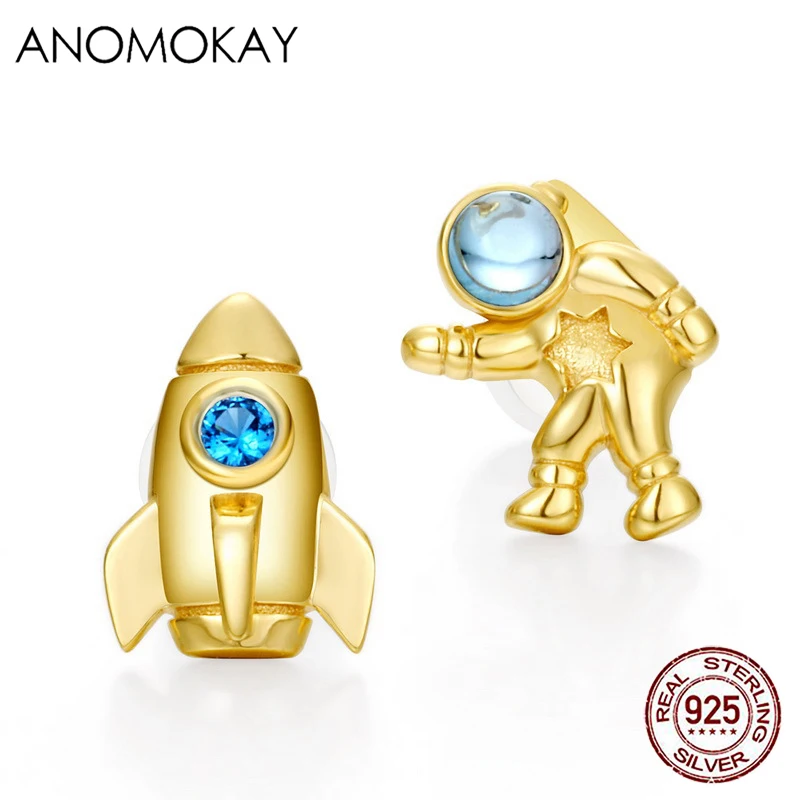 Anomokay New Arrival Aerospace Series Gold Color Earrings Blue Zircon 925 Silver Aircraft Astronaut Earring for Women Girl