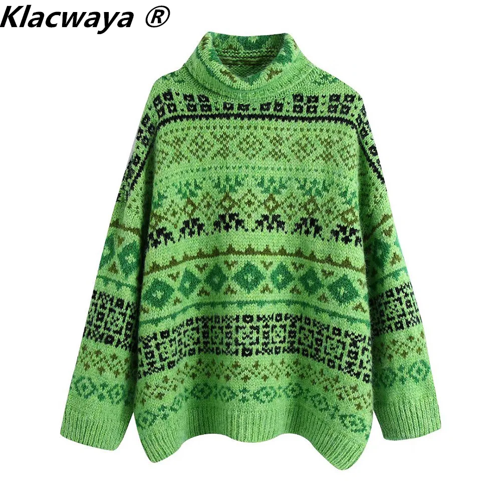 Klacwaya maglione dolcevita da donna Pullover abbigliamento invernale donna maglione a maniche lunghe verde Vintage maglione Oversize da donna